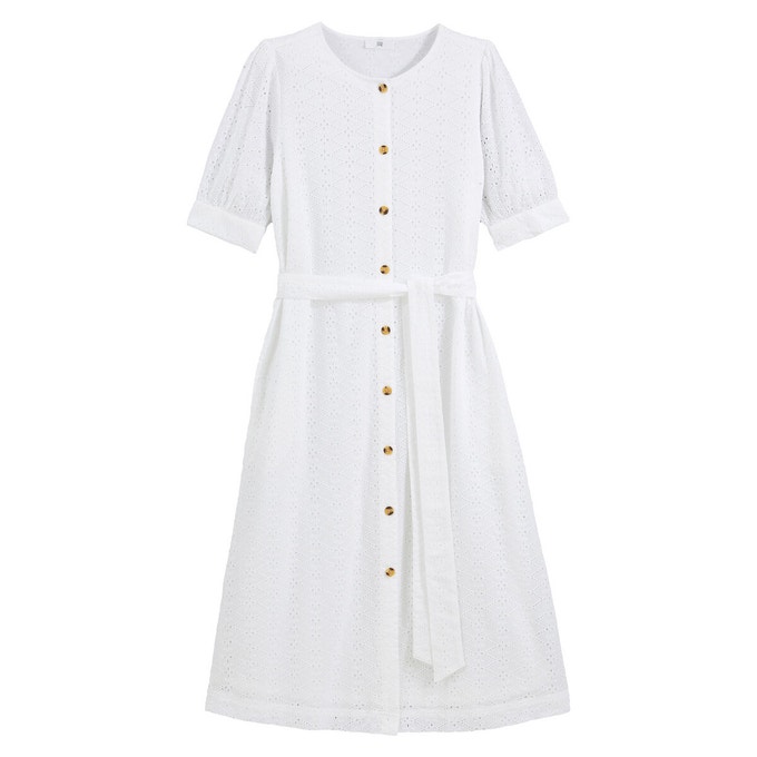 Robe chemise sans col en broderie anglaise