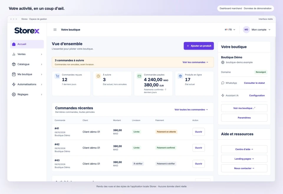 Vrai dashboard marchand Storex : indicateurs et commandes, avec des données de démonstration.